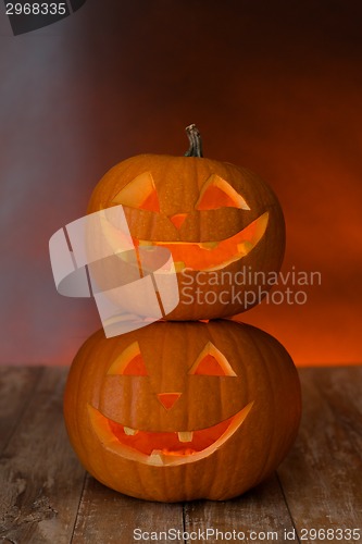 Image of close up of pumpkins on table