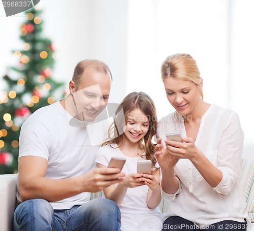 Image of happy family with smartphones