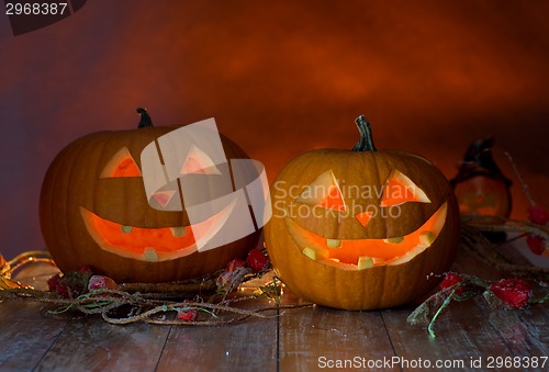 Image of close up of pumpkins on table