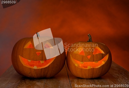 Image of close up of pumpkins on table