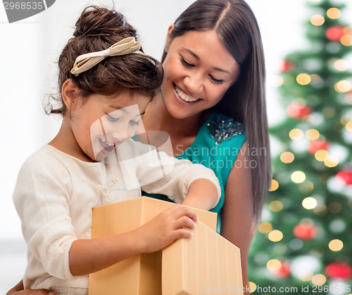 Image of happy mother and child girl with gift box