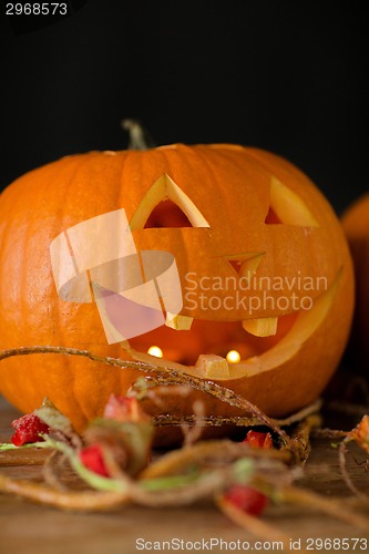 Image of close up of pumpkins on table