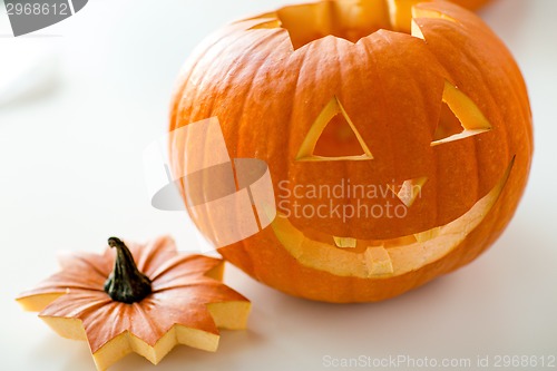 Image of close up of pumpkins on table