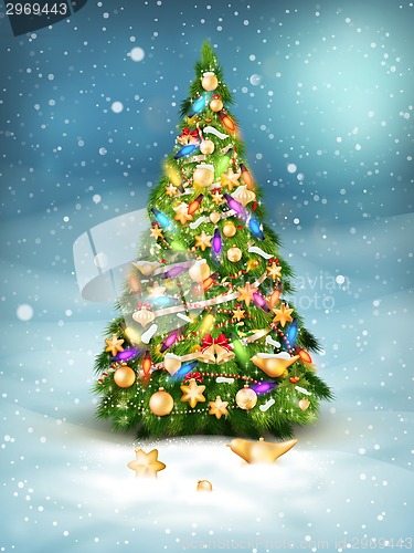 Image of Christmas fir tree on winter landscape. EPS 10