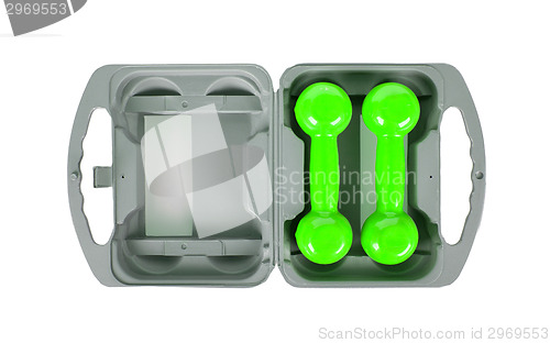 Image of Green dumbbells in a grey case