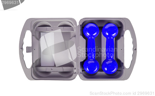 Image of Blue dumbbells in a grey case