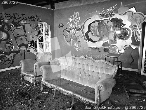 Image of Abandoned building with illicit graffiti vandalism