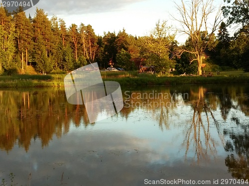 Image of Idyllic forest by the lake in autumn