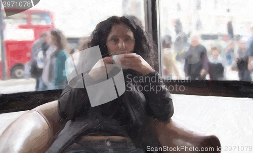 Image of Pretty brunette drinking coffee tea oil paint