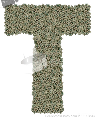 Image of letter T made of old and dirty microprocessors, isolated on white background