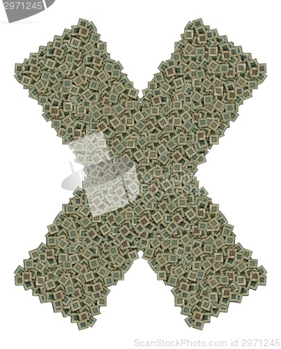 Image of letter X made of old and dirty microprocessors