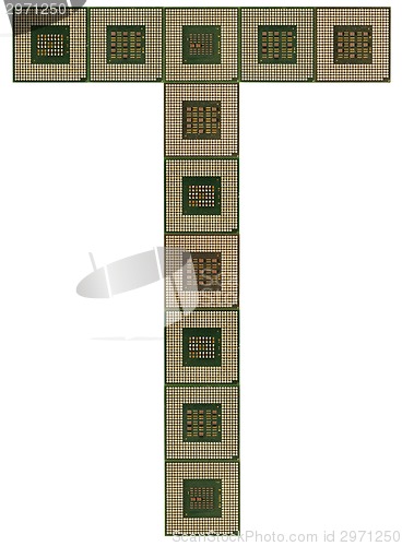 Image of letter T made of old and dirty microprocessors