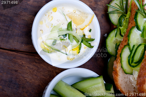 Image of fresh vegetarian sandwich with garlic cheese dip salad