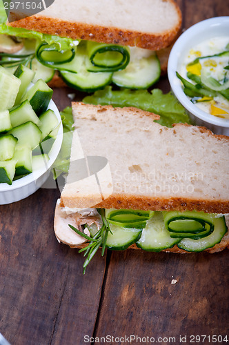 Image of fresh vegetarian sandwich with garlic cheese dip salad