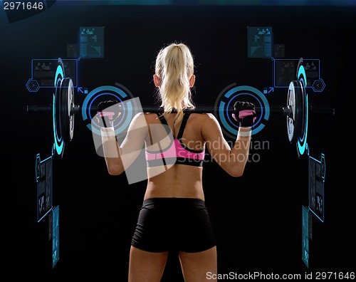 Image of sporty woman exercising with barbell from back