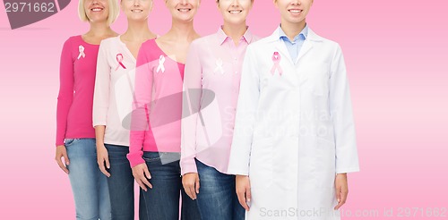 Image of close up of women with cancer awareness ribbons