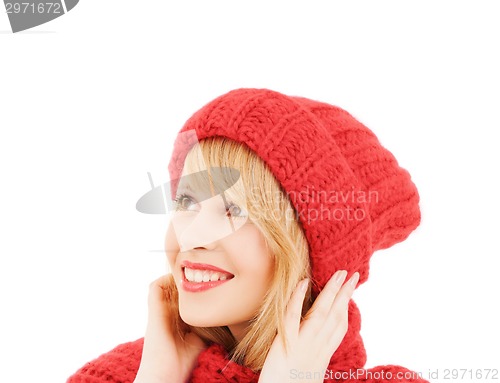 Image of close up of young woman in winter clothes