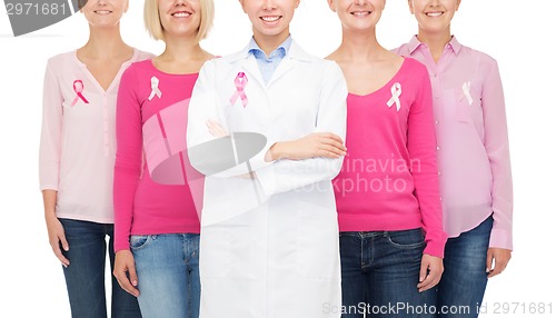 Image of close up of women with cancer awareness ribbons