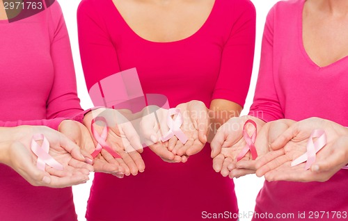 Image of close up of women with cancer awareness ribbons