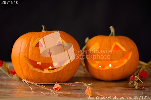 Image of close up of pumpkins on table