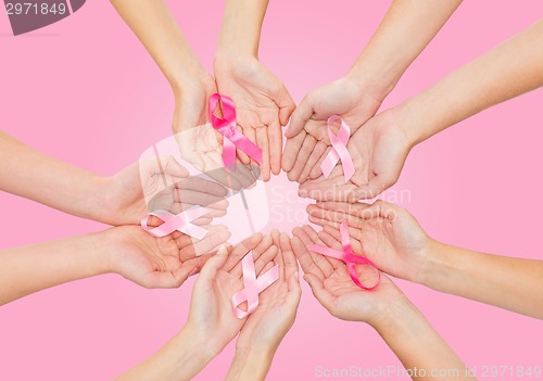 Image of close up of hands with cancer awareness symbol