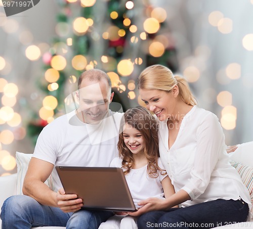 Image of smiling family with laptop