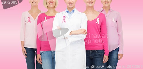 Image of close up of women with cancer awareness ribbons