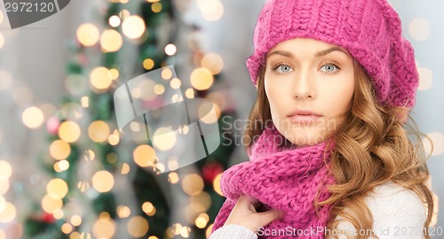 Image of close up of young woman in winter clothes