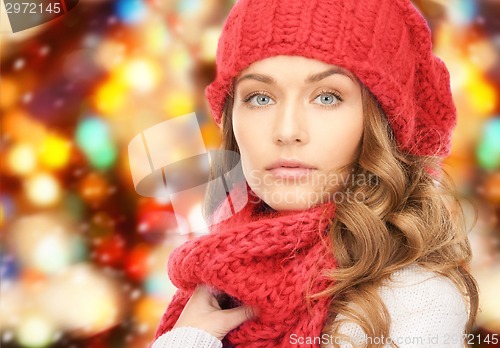 Image of close up of young woman in winter clothes