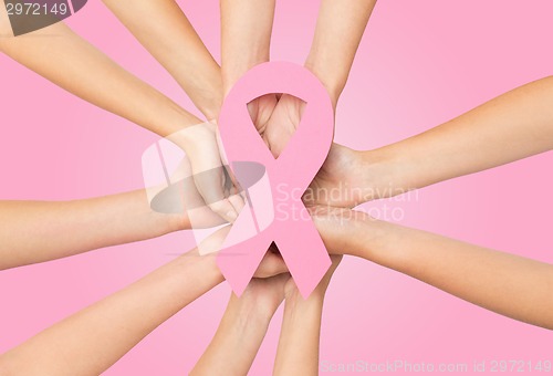 Image of close up of hands with cancer awareness symbol