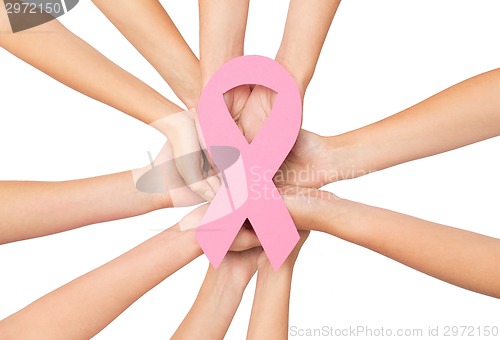 Image of close up of hands with cancer awareness symbol