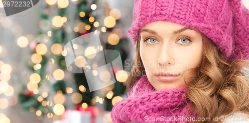 Image of close up of young woman in winter clothes