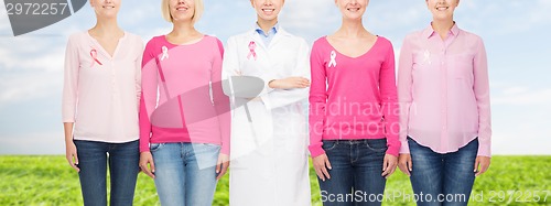 Image of close up of women with cancer awareness ribbons