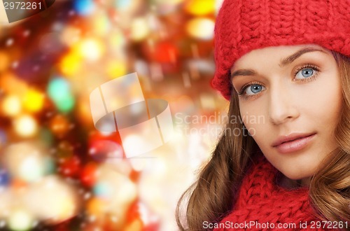 Image of close up of young woman in winter clothes