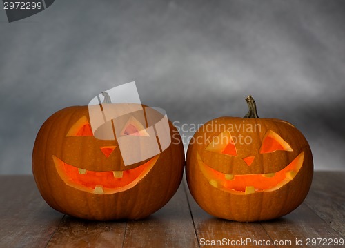 Image of close up of pumpkins on table