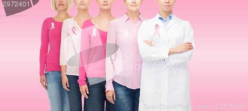 Image of close up of women with cancer awareness ribbons