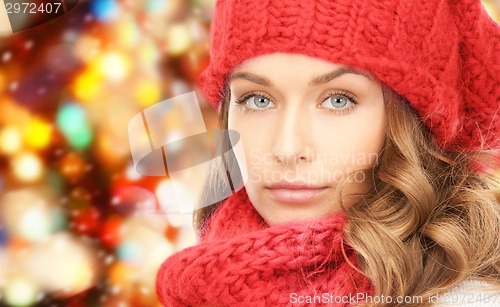 Image of close up of young woman in winter clothes