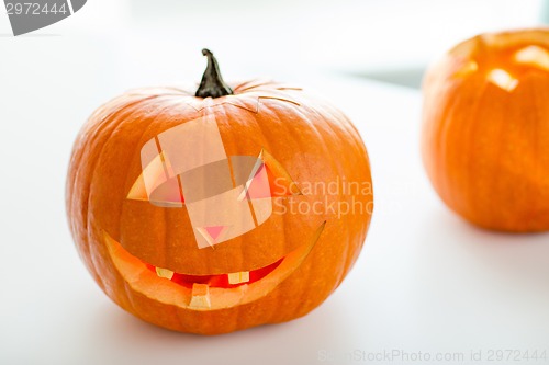 Image of close up of pumpkins on table