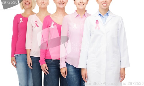 Image of close up of women with cancer awareness ribbons