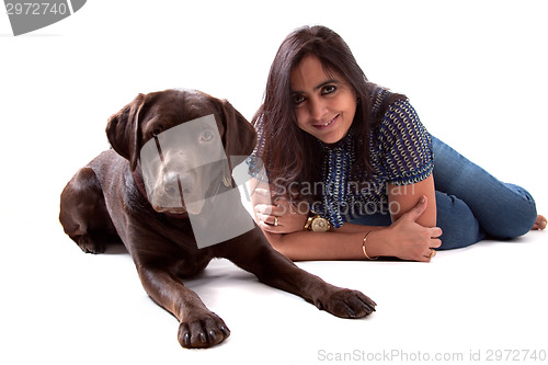 Image of Chocolate Labrador Dog with his owner