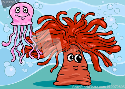 Image of anemone and jellyfish cartoon illustration