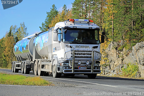 Image of Scania R500 V8 Milk Tank Truck on the Road