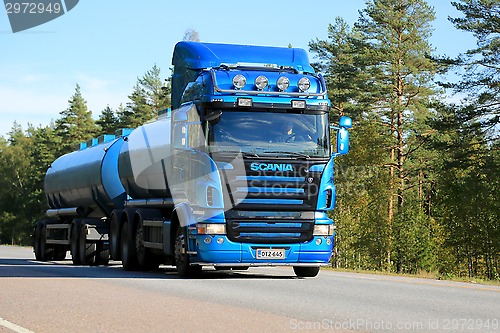Image of Blue Scania Tank Truck on the Road