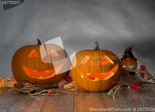 Image of close up of pumpkins on table