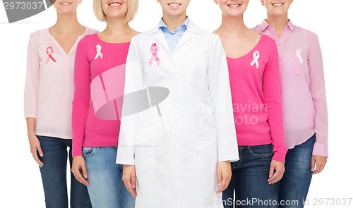 Image of close up of women with cancer awareness ribbons