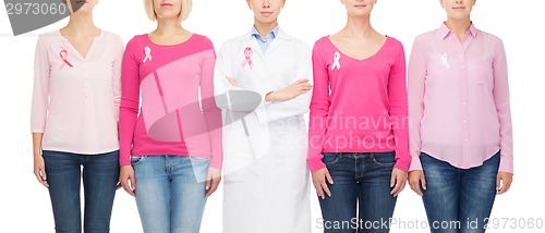 Image of close up of women with cancer awareness ribbons