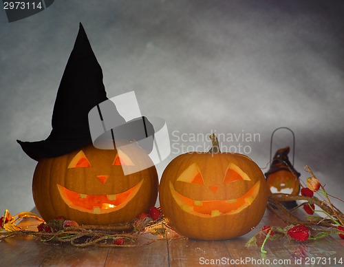 Image of close up of pumpkins on table