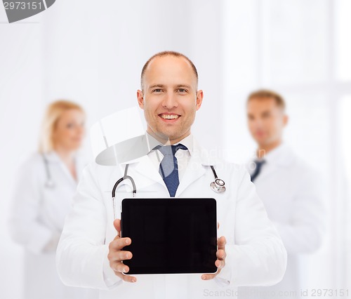 Image of smiling male doctor with stethoscope and tablet pc