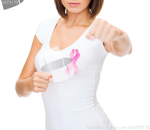 Image of woman with pink cancer ribbon