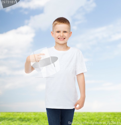 Image of smiling little boy in white blank t-shirt